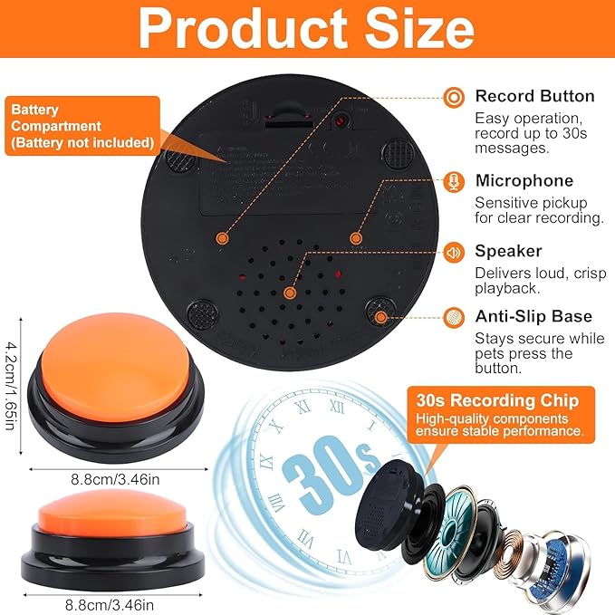 Dog Buttons for Communication, 8 Color Dog Talking Button Set, 30s Recordable Voice Pet Training Buzzers, Speaking Buttons for Dogs & Cats with Mat and 2 Scene Stickers (Batteries Not Included)