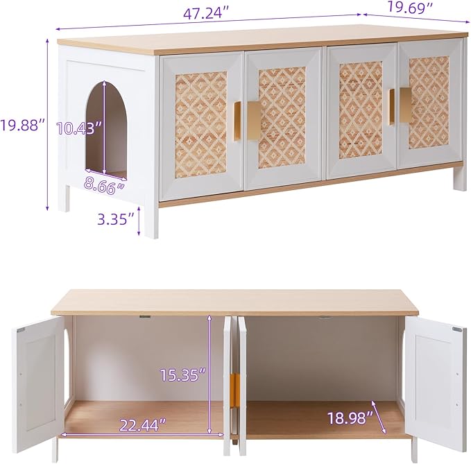 Large Boho Cat Litter Box Enclosure for 2 Cats, Hidden Cat Washroom Furniture with Rattan Doors, Dual Compartment Litter Cabinet & TV Stand, Modern Wooden Cat House (47.2”L x 19.6”W x 19.8”H)