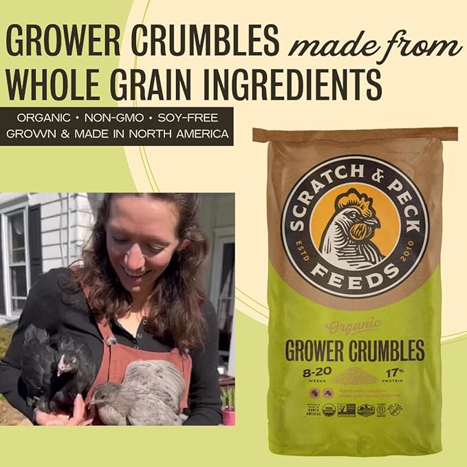 Scratch and Peck Feeds Whole Grain Grower Crumbles Chicken and Duck Feed - 25 lbs Bag - Corn-Free and Soy-Free - 17% Protein, Certified Organic and Non-GMO Project Verified