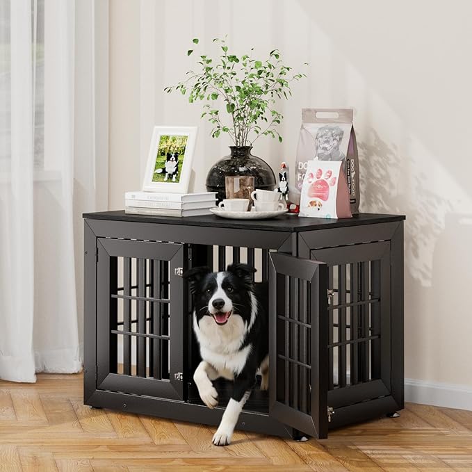 Snuowu 38" Heavy-Duty Dog Crate Furniture for Large/Medium Dogs, Rustic Wooden Dog Cage Kennel Indoor Furniture, Decorative Pet House End Table, Black