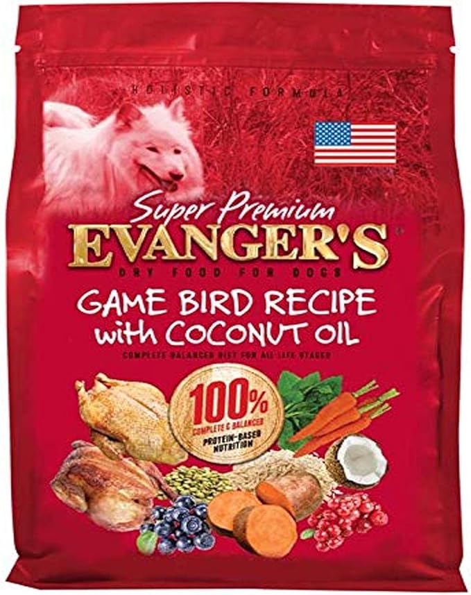Evanger's Super Gamebird Recipe with Coconut Oil Dry Food for Dogs – 33 lbs – Pea & Chicken Free, Hypoallergenic, Turmeric & Kale Added – Sensitive Stomach Formula for All Life Stages