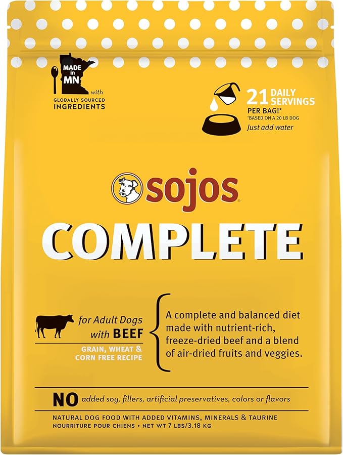 Sojos Complete Freeze Dried Raw Adult Dry Dog Food, Grain Free, Natural, Beef Recipe, 7 lb Bag
