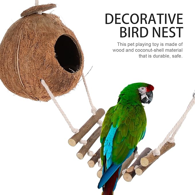 Mobestech Hanging Coconut Shell Hideout Shelter for Leopard Gecko and Small Pets, Decorative Wear-Resistant Nest with Fur Lining, Hamster and Bird Cage Accessory for Reptile Habitat