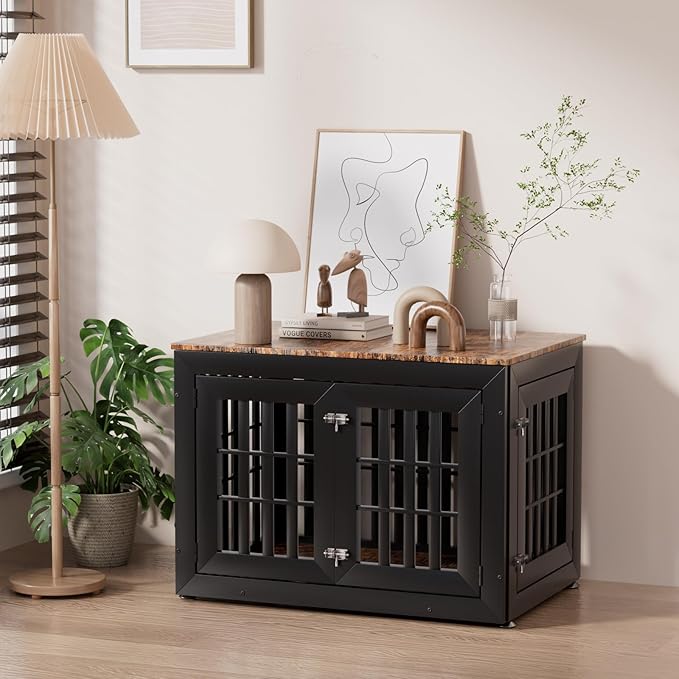 Snuowu 38" Heavy-Duty Dog Crate Furniture for Large/Medium Dogs, Rustic Wooden Dog Cage Kennel Indoor Furniture, Decorative Pet House End Table, Black & Wood