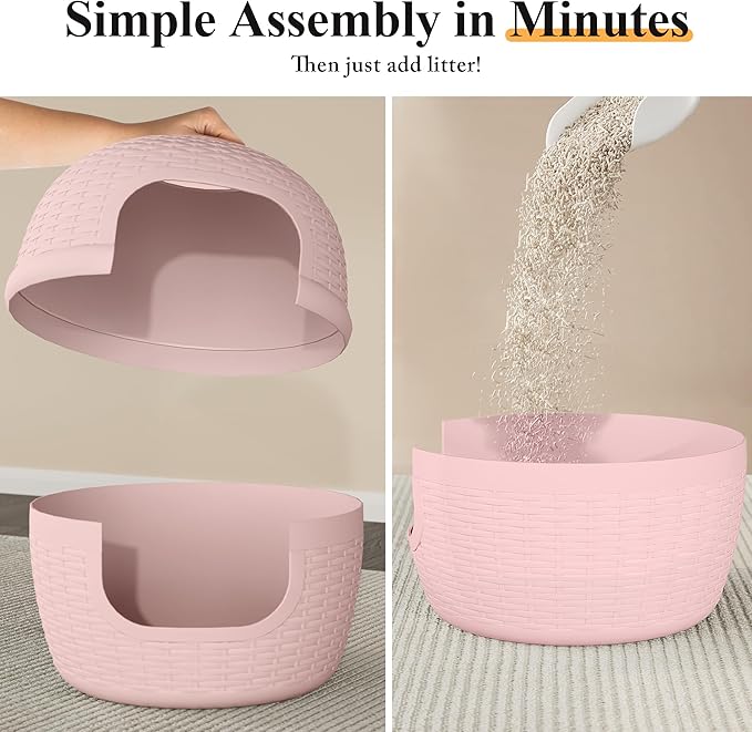 FansaFurn Large Cat Litter Box, Hidden Litter Box with Faux Plant, Heavy Duty Litterbox Enclosure Furniture with Rattan Pattern, PP Cat Box Enclosure Furniture for Living Room, Bedroom, Pink