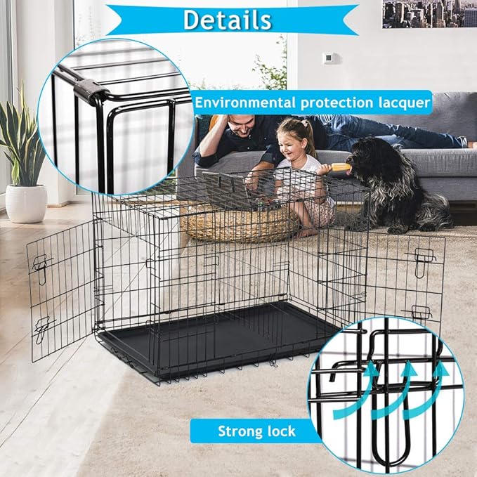 Dog Crate, Folding Portable Outdoor Large Two Door Metal Cat Dog Cage with ABS Tray LC Panel Floor Protecting Feet Wire Animal Pet Dog Kennel with Divider