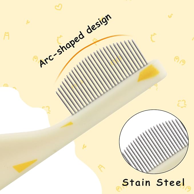Andiker Small Dog Comb, Cat Comb with Curved Stainless Steel Rounded Tips Fine Tooth Ergonomic Handle Practical Pet Comb for Dogs Cats Grooming Removing Tear Stain (Yellow)