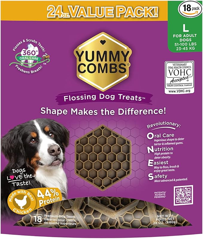 Yummy Combs Dog Dental Treats – Vet VOHC Approved – Delicious Chicken Protein – Removes Tartar with Cleaning Comb Shape – Dental Dog Treats for Large Dogs (24oz, 18 Count)