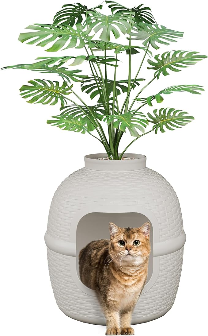FansaFurn Hidden Litter Box with Faux Plant, Large Cat Litter Box with Rattan Pattern, Heavy Duty PP Material Litter Box Enclosure Furniture for Home Decor, Light Grey