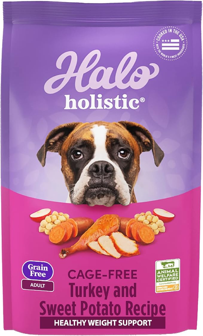 Halo Holistic Dog Food Cage Free Turkey & Sweet Potato Formula, Grain Free Dry Dog Food, for Healthy Weight Support, Kibble for Adult Dogs, 10 lb Bag