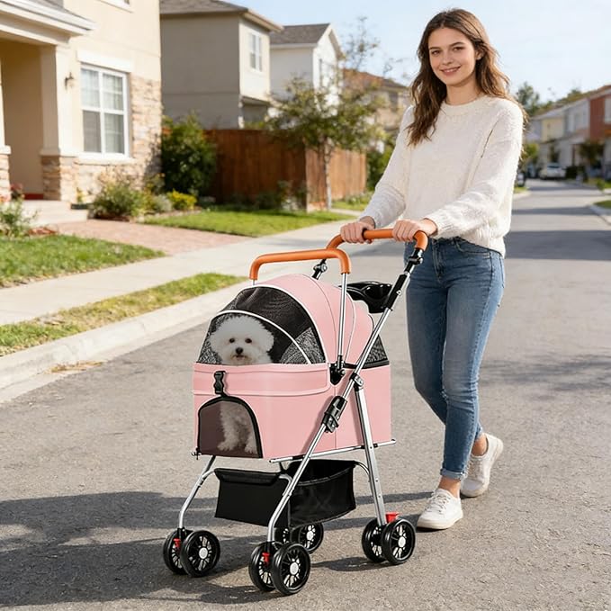 YYW Pet Stroller for Small Dogs & Cats, 3 in 1 Foldable Kittens Puppies Travel Strolling Cart with Removable Carrier, Cup Holder, Storage Basket & Lockable Wheels(Pink)