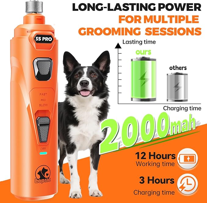 Whisper Quiet Dog Nail Grinder with 4 LED Lights, Safe & Stress-Free for Sensitive Dogs of All Breeds & Sizes, 3 Grinding Bits, 3-Speed, Pet Nail Trimmers, Rechargeable Painless Grooming Kit Orange