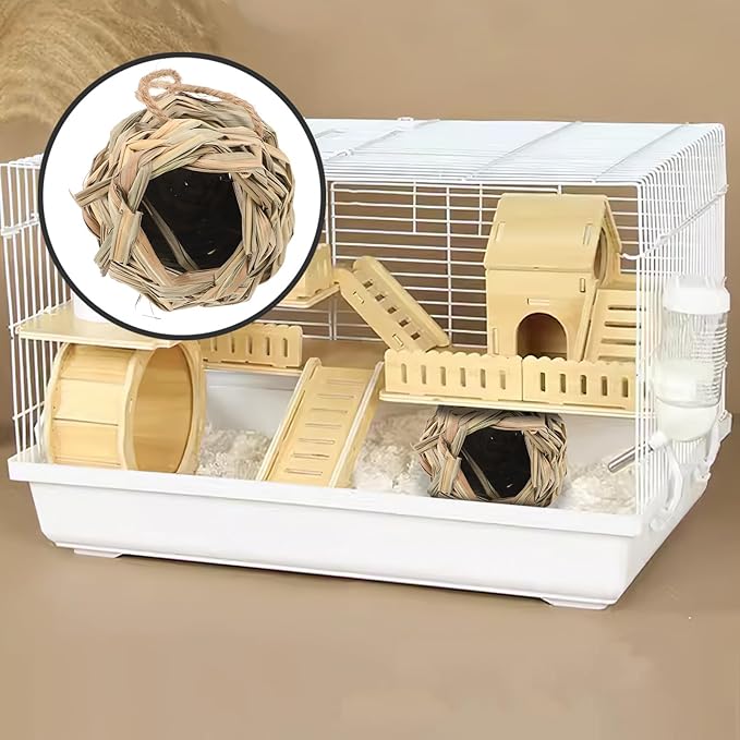 Mipcase Hand-Woven Straw Hamster Hideout and Bird Nest Small Animal Shelter Natural Straw Hut for Hamsters and Birds Cage Accessory Habitat