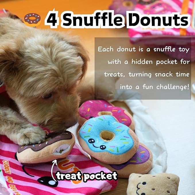 CECE PAW Donut Snuffle Toys, Squeaky Crinkle Interactive Dog Toys, Dog Enrichment Treat Puzzle for Boredom and Mental Stimulation, Puppies, Small and Medium Dogs (Plush Bag)