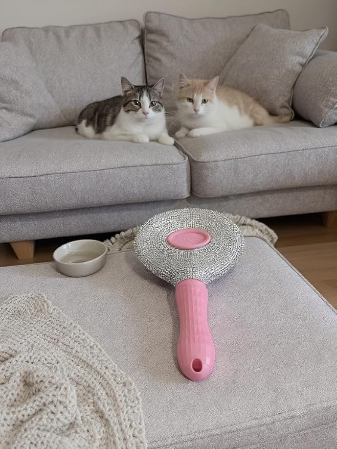 Diamond Rhinestone Cat Hair Brush Deshedding Brush Dog Hair Remover Tool Stainless Steel Comb Slicker Brush with Release Button for Dog Cat Rabbit Shedding Pets Grooming (Pink)