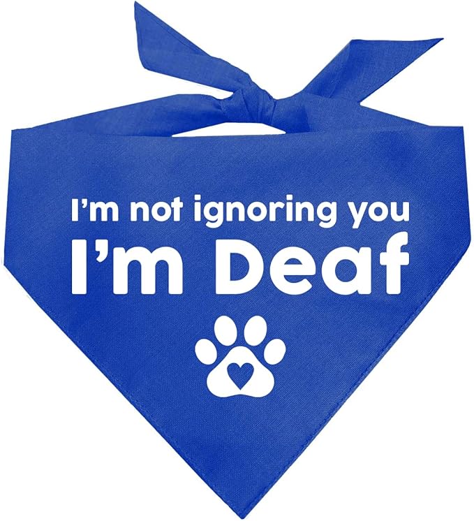 I'm Not Ignoring You I'm Deaf Dog Bandana | 100% Adjustable Cotton Triangle | Made in USA | Deaf | Impaired | Hearing Loss Accessory | Warning (Royal, OS 351)