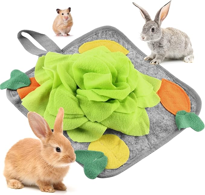 Rabbit Foraging Mat, Rabbit Toy 11.8"x11.8" Rabbits Snuffle Mat Machine Washable Polar Fleece Funny Interactive Nosework Feeding Mat Treat Dispenser for Bunny Guinea Pigs Ferrets Chinchillas