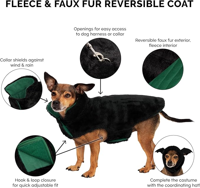 Furhaven Reversible Medium Dog Coat, Washable & Insulating w/ Leash Access - Faux Fur & Quilted Fleece Flex-Fit Jacket - Black/Green, Medium
