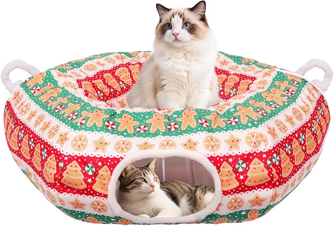 Christmas Tree Cat Tunnel, Soft Cat Tunnels for Indoor Cats with Middle Cushion, Cute Pet Donut Cave Bed Play Toys, Xmas Tree Decorations Protector Gifts