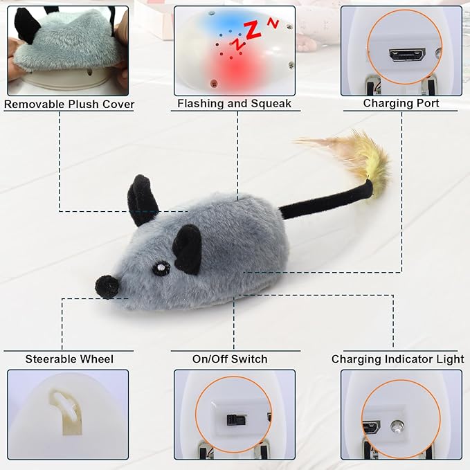 BABORUI Interactive Dog Toys Mouse, Remote Control Escaping Mice Squeaky Dog Toy with Lights & Auto-Turn, Rechargeable Moving Dog Toys for Small/Medium/Large Dogs & Cats(Grey)