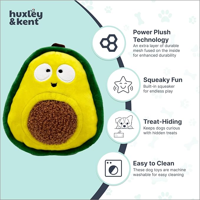 Huxley & Kent Interactive Funny Dog Toy w/Squeaker - Power Plush Treat Hiding Toy - Cute and Funny Soft Puzzle for Small & Large Dogs - Pop 'n Fetch Avocado, Small