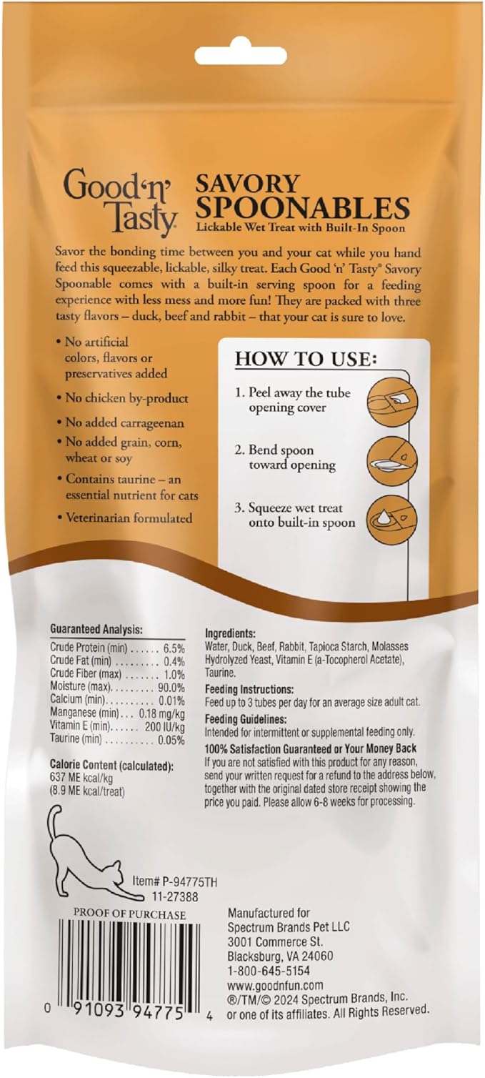 Good ‘n’ Tasty Savory Spoonables with Real Duck, Beef & Rabbit, 6 Count Tube, Triple Flavor Squeezable Lickable Wet Treats for Cats with Built-in Spoon for Less Mess