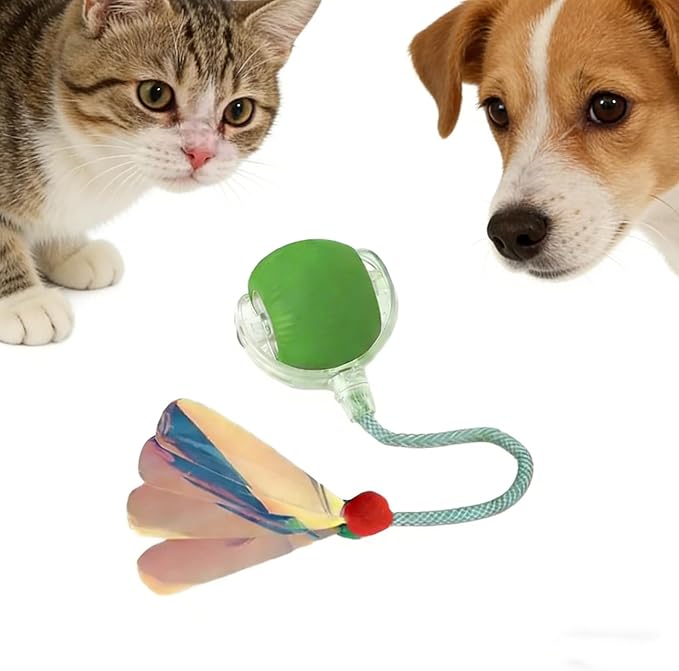 Automatic Interactive Cat Dog Toy with Elastic Tail: Chirping Sound, Smart Obstacle Avoidance for Indoor Cats & Kittens(Feathered-Tail Green Ball)