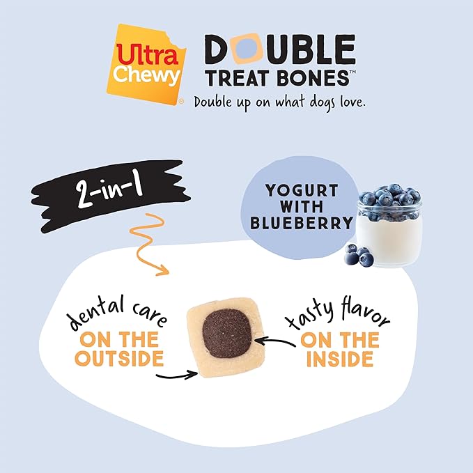 Ultra Chewy Yogurt with Blueberry Double Treat Bones: Long-Lasting Dog Treats Made in USA for Large and Small Breeds, Highly Digestible (24 Count)