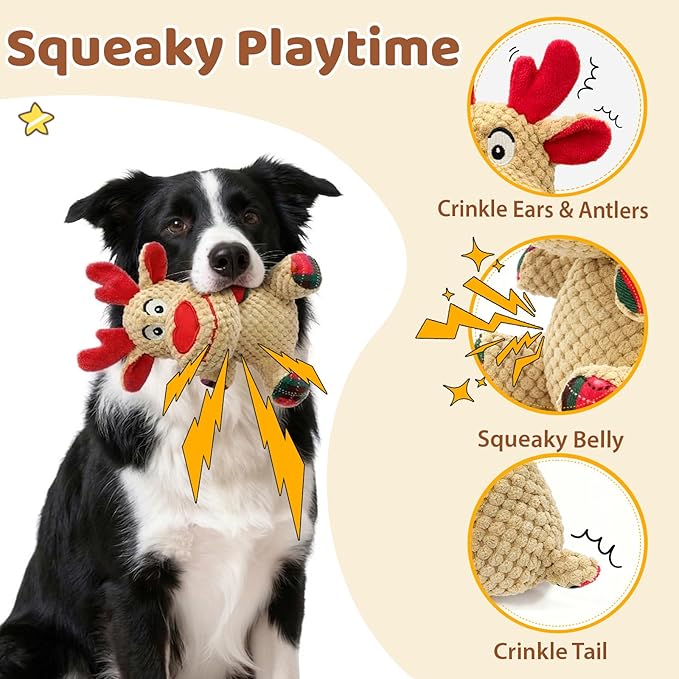 Reindeer Squeaky Dog Toy – Soft Crinkle Stuffed Chew Toy for Small & Medium Dogs, Cute Plush Puppy Toy
