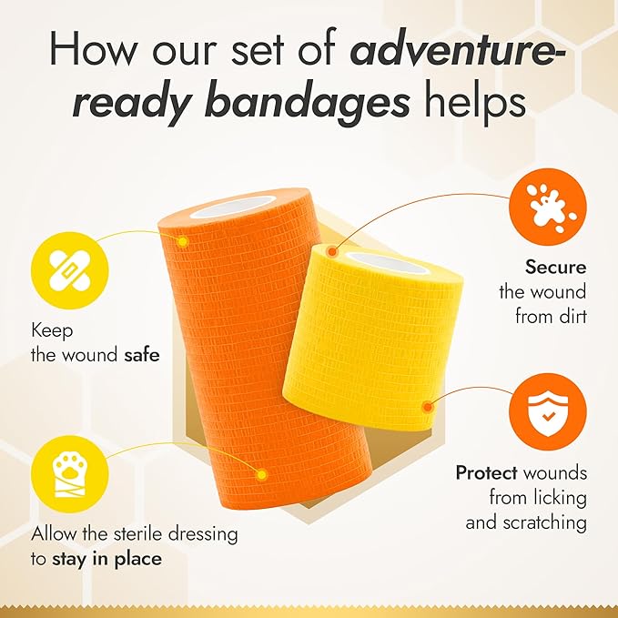 Self-Adhesive Elastic Dog Bandages for Wounds Protect from Licking, Dirt and Scratching – Set of Wraps from Natural Rubber Latex – Dog Bandage for Large & Small Pets – 5 х 5 cm + 2 х 10 cm Rolls