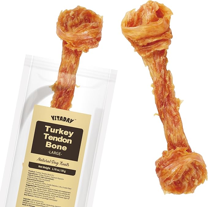 VITADAY Turkey Tendons for Dogs, All Natural, Healthy Dog Treats, Long Lasting, Hypoallergenic Dog Chews, Rawhide Free, USA-Sourced, for Large Dogs, Bone (L), 1 Count