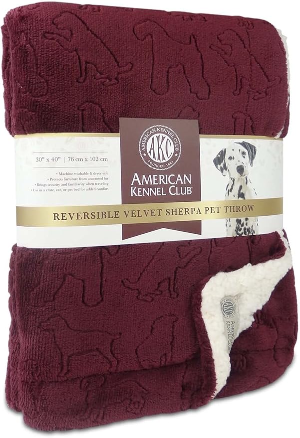 American Kennel Club Premium Velvet Sherpa Pet Blanket Soft and Warm Pet Throw for Dogs & Cats – 40”x30” - Wine
