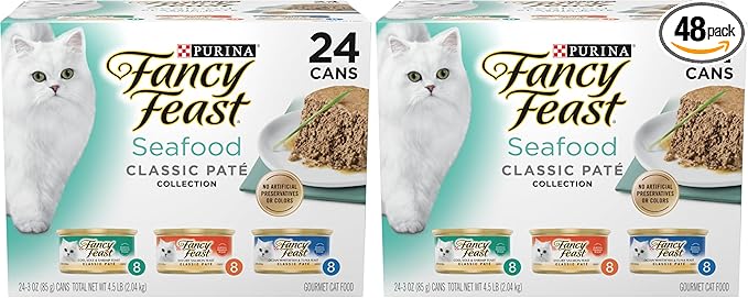 Fancy Feast Purina Seafood Classic Pate Collection Grain Free Wet Cat Food Variety Pack - (Pack of 48) 3 oz. Cans