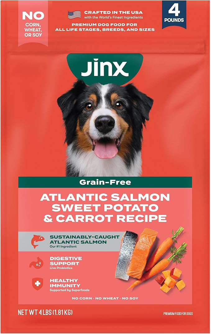 Jinx Premium Grain-Free Dry Dog Food, for All Lifestages - Real Salmon, Sweet Potato & Carrot Puppy Kibble with Superfoods for Immune Support & Probiotics for Digestive Support - No Fillers - 4lb