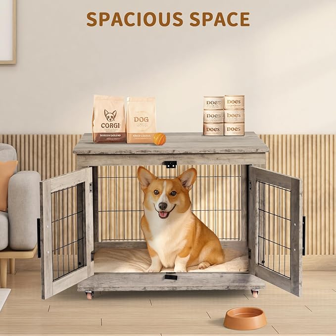 VINGLI Dog Crate Furniture, 32'' Wooden Dog Kennel with Wheels, Double Doors Indoor Dog Cage End Table, Grey (Medium-32 inch)