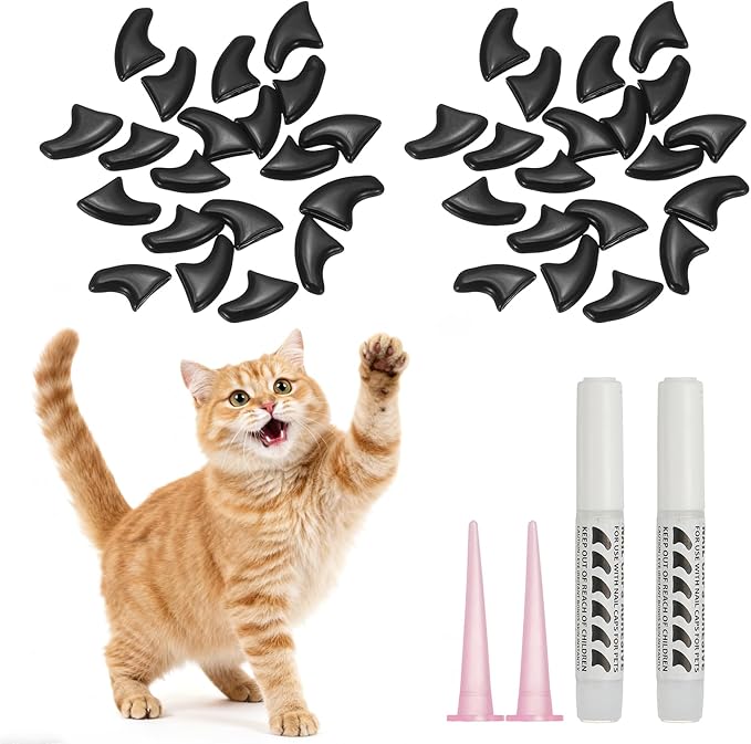 Cat Nail Caps, Cat Claw Covers with Adhesive Glue and Applicators, Kitten Claw Caps Soft Paws, (40 Pcs, M, Black), Intended for Pet Tips/Nail Covers/Control Paws