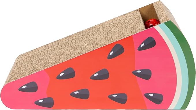 Kitty City Watermelon Slice Corrugate Cat Scratcher with Ball Track Toy - Angled Scratch Pad Lounger, Horizontal Corrugate Nail File Bed for Indoor Kittens, Kitty Enrichment & Play, 16” x 11”