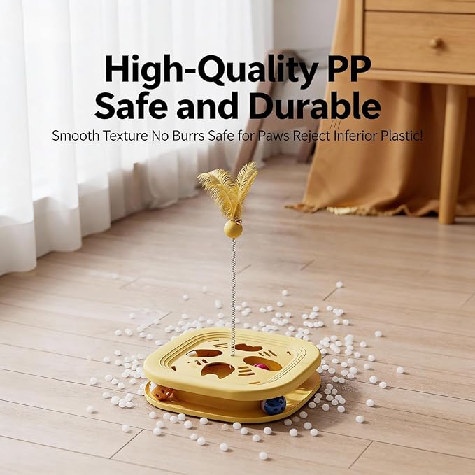 Interactive Cat Toys for Indoor Cats, 2-in-1 Kitten Toys with Balls & Feathers, BPA-Free Safe Material,Non-Slip Base, Sturdy and Durable (White)