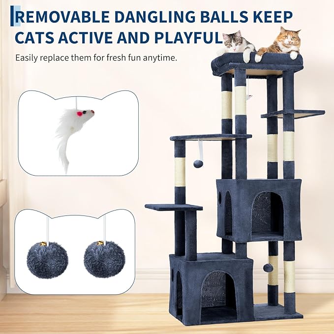 61.4 Inch Cat Tree, Large Cat Tower with Sisal Scratching Posts, 2 Spacious Cat Beds, Hanging Ball & Top Perch, Ideal for Large Indoor Adult Cats, Blue