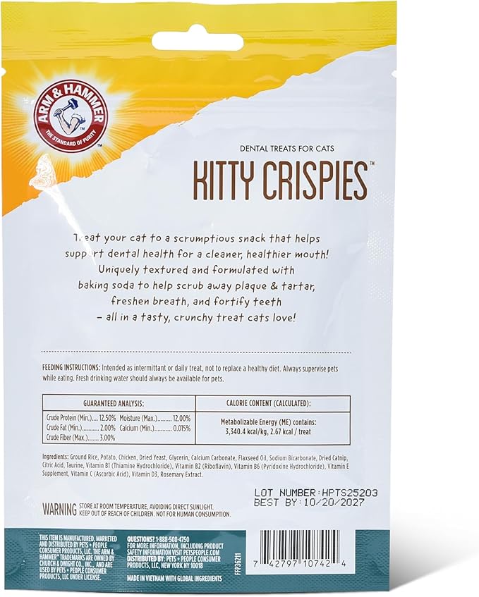 Arm & Hammer Kitty Crispies Dental Cat Treats, Baking Soda & Calcium Formula, Fights Bad Breath, Plaque & Tartar Without Brushing, Highly Digestible, Chicken Flavor, Adult Cats, 2 Oz