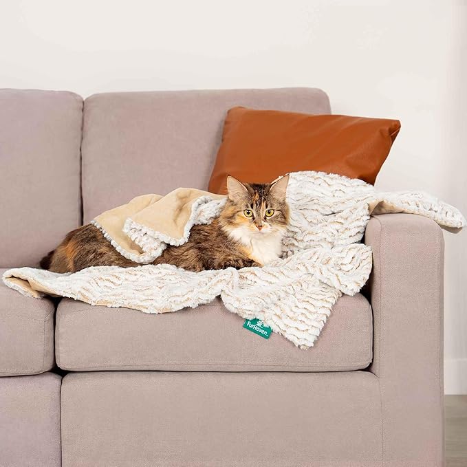 FurHaven Waterproof Dog Blanket – Birch Faux Fur & Suede Calming Throw for Pets, Washable – Taupe, Large