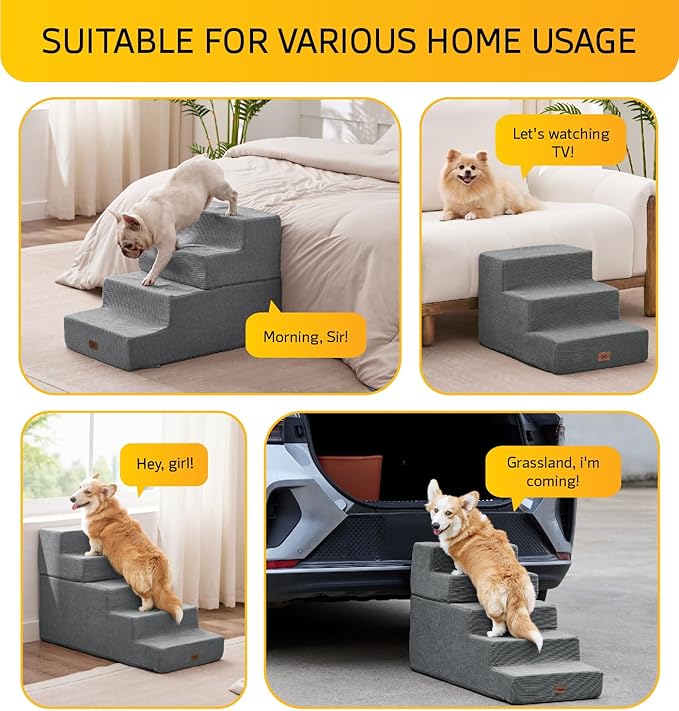 ABCPET Dog Steps for High Bed Dog Stairs Ramps and Extra Wide Steps for Bed Foam Stairs for Couch Sofa 35D Strong Support Pet Stairs Non-Slip Bottom Pet Steps for Small Dogs and Cats, Grey, 4 Steps