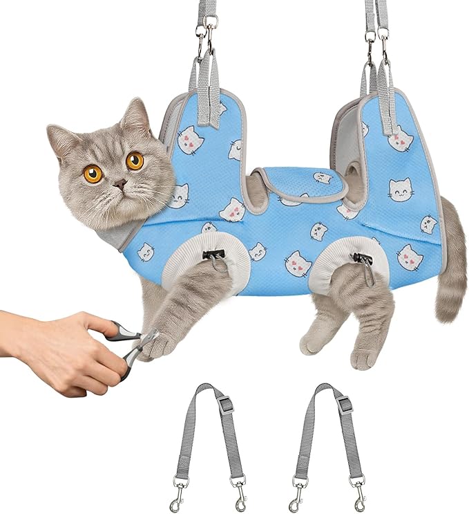 Supet Cat Grooming Hammock Harness for Nail Trimming, Cat Grooming Hanging Sling for Nail Clipping, Pet Restraint Holder for Cutting Nails, Medicine, Ear & Teeth Cleaning, Eye Care (BlueCat S)