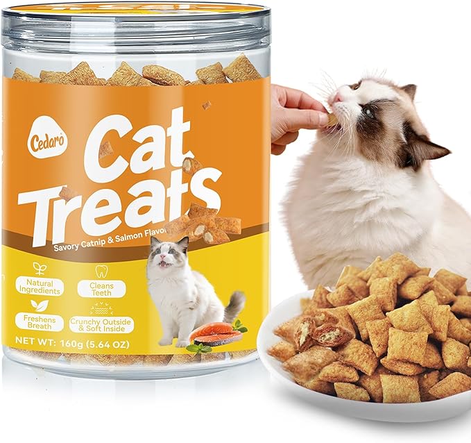 Healthy Cat Treats Soft & Crunchy - Catnip & Salmon Flavor with Real Salmon, Irresistible for Pickiest Cats, Cat Training Treats for Indoor Cats & Kittens, Dental Care & Digestive Support