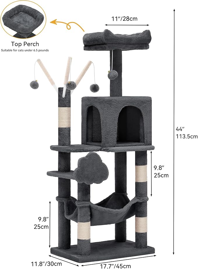 YITAHOME 44in Multi-Level Cat Tree for Indoor Kittens, Cat Furniture with Scratch Posts, Window Padded Plush Perch, Comfortable Hammock, and Interactive Pompoms, Dark Gray