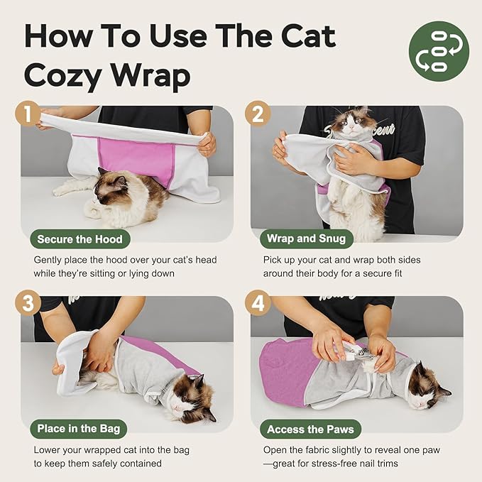 Cat Wrap for Cutting Nails, Self-Adhesive Cat Nail Clipping Restraint Bag, Anti-Scratch Cat Grooming Swaddle for Meds, SubQ Fluids, Ear Cleaning, Teeth Brushing & Vet Visits,Pinkish Purple,S