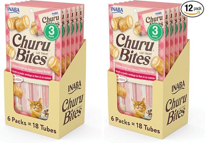 INABA Churu Bites for Cats, Soft Baked Chicken Churu Filled Cat Treats with Green Tea Extract, 0.35 Ounces Each Tube, 18 Tubes Total (3 per Pack), Tuna with Salmon Recipe (Pack of 2)