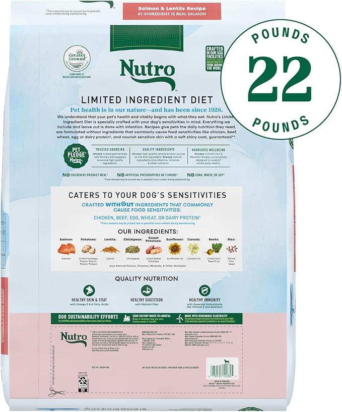 Nutro Limited Ingredient Diet Dry Dog Food, Adult Dog Food Dry Salmon & Lentils Recipe, 22 lbs.