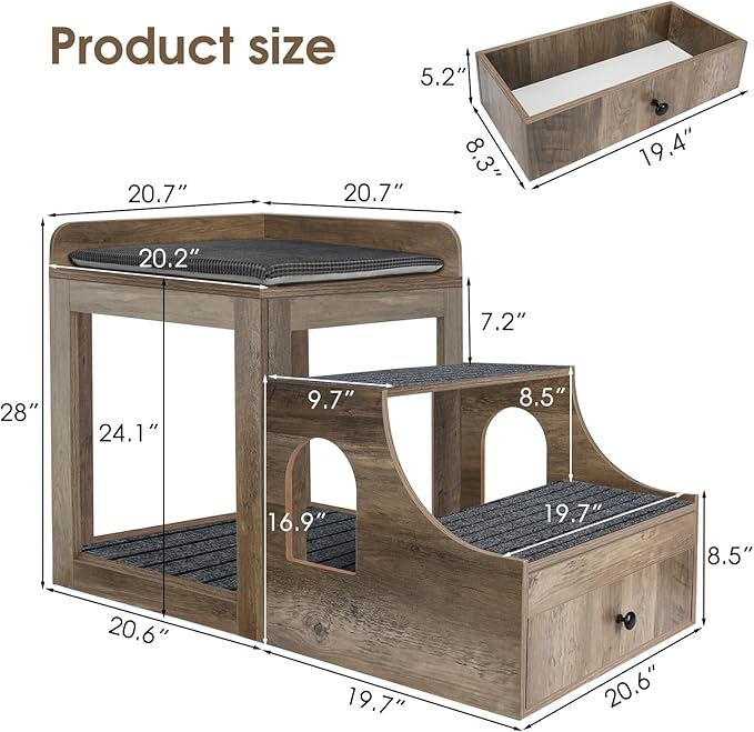 Cat Window Perch with Removable Stairs, Large Pet Bunk Bed with Drawer and Cushion for Cats and Dogs, Strong Frame Pet Bed for Bedside, Home, Indoor, Grey