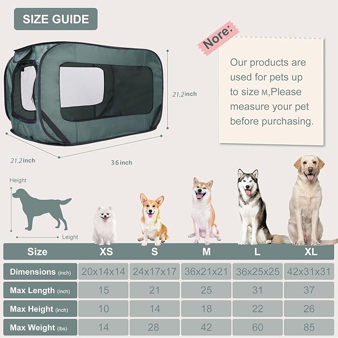 36 Inch Foldable Dog Kennel for Large Dogs, Portable Waterproof Pop-Up Pet Crate, Indoor Outdoor Travel Car Seat Kennel（Green）